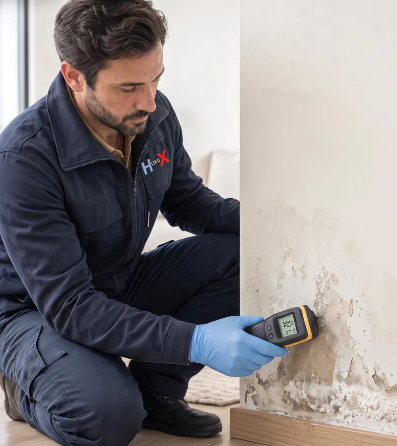 Rising damp and blown plaster at the bottom of a wall in Leeds